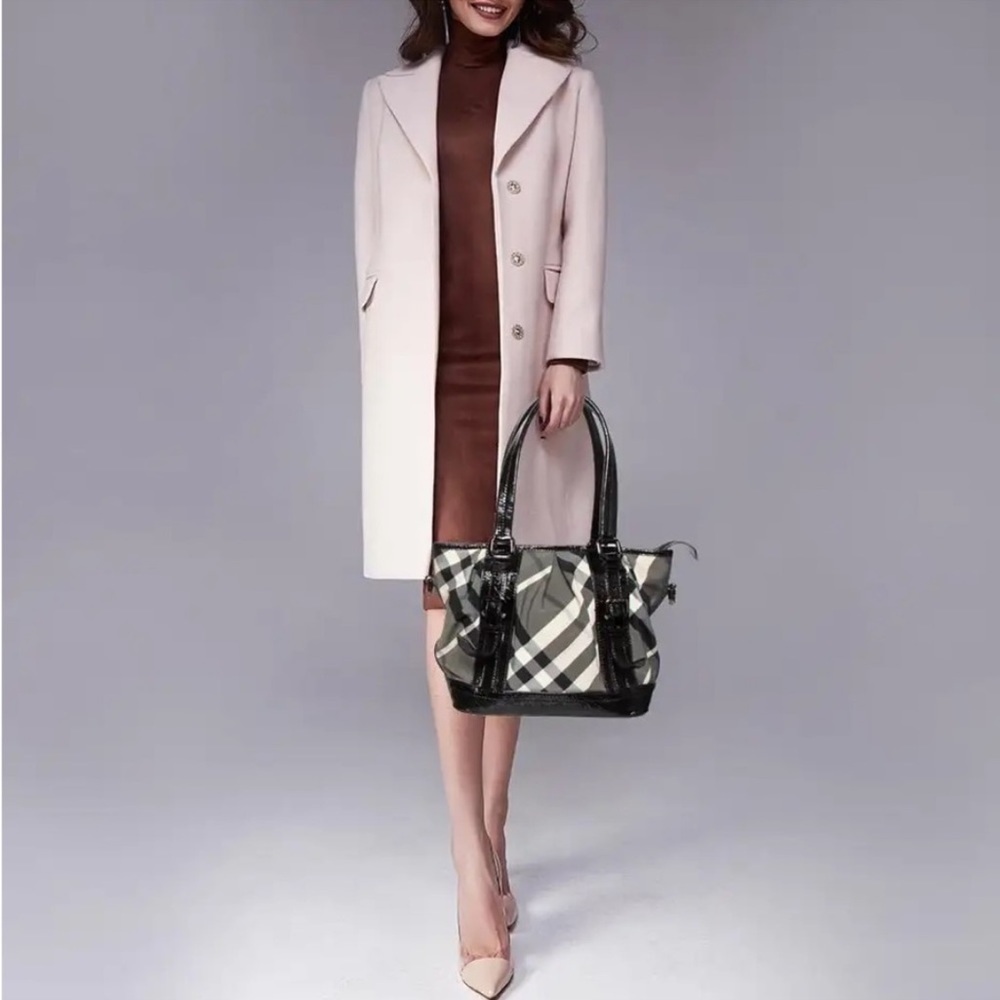 Burberry black beat check nylon and patent leather LOWRY tote